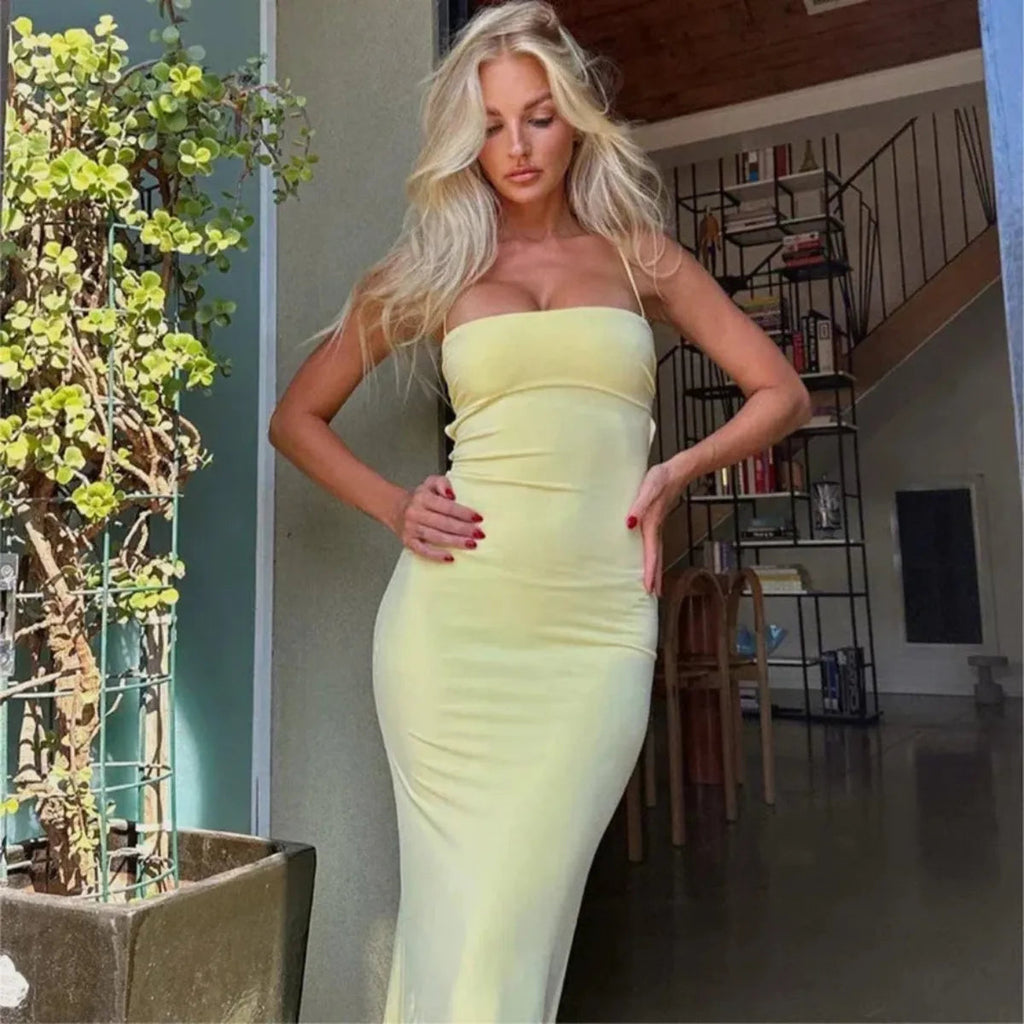 Robe Maxi dos nu moulante jaune pour l'été