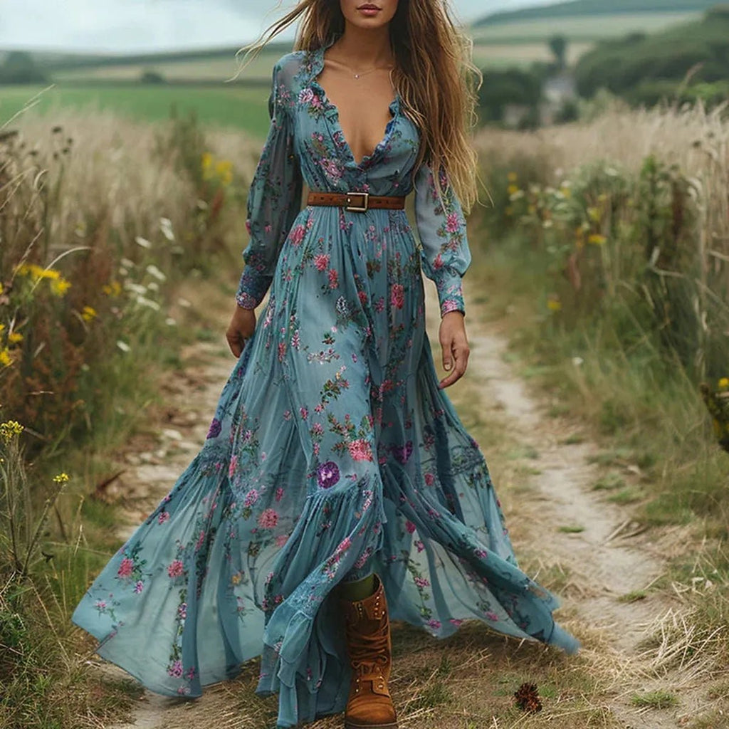 Robe Maxi Florale Bohème pour Femmes avec Manches Longues