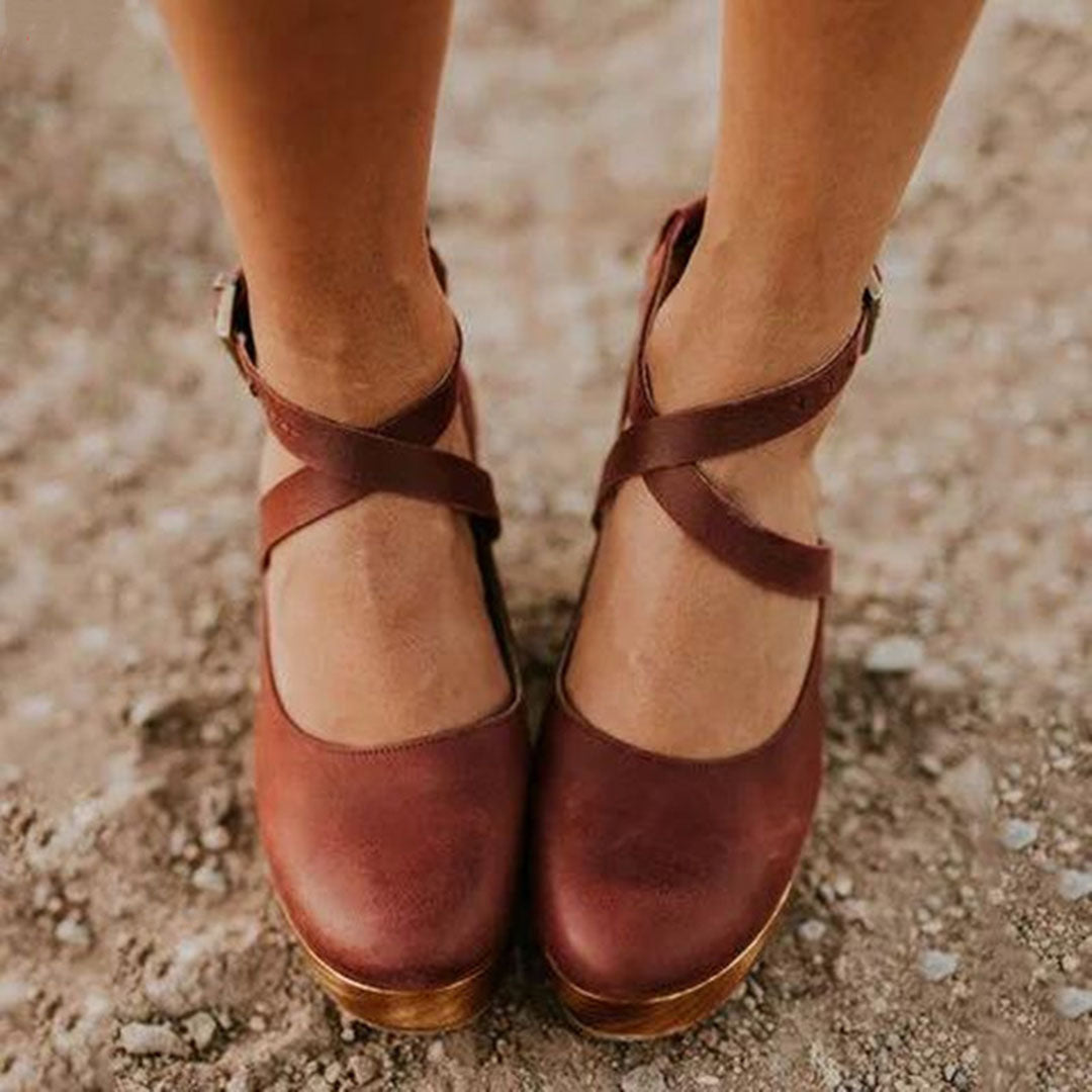 Chaussures à Talons Wedge à Bout Fermé et Sangle Ajustable au Cheville pour Femme