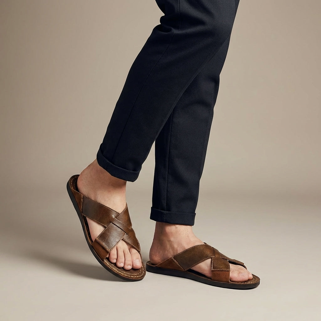 Sandales pour hommes avec des sangles croisées et semelle plate pour un usage quotidien [69 caractères]