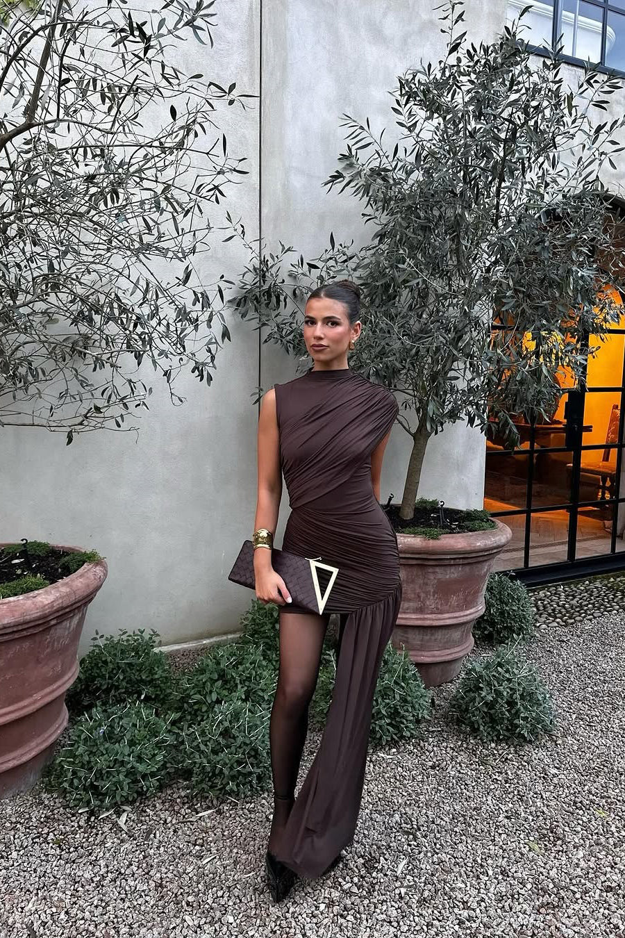 Robe Mini de Mariage Chocolat Brun Asymétrique à Fronces