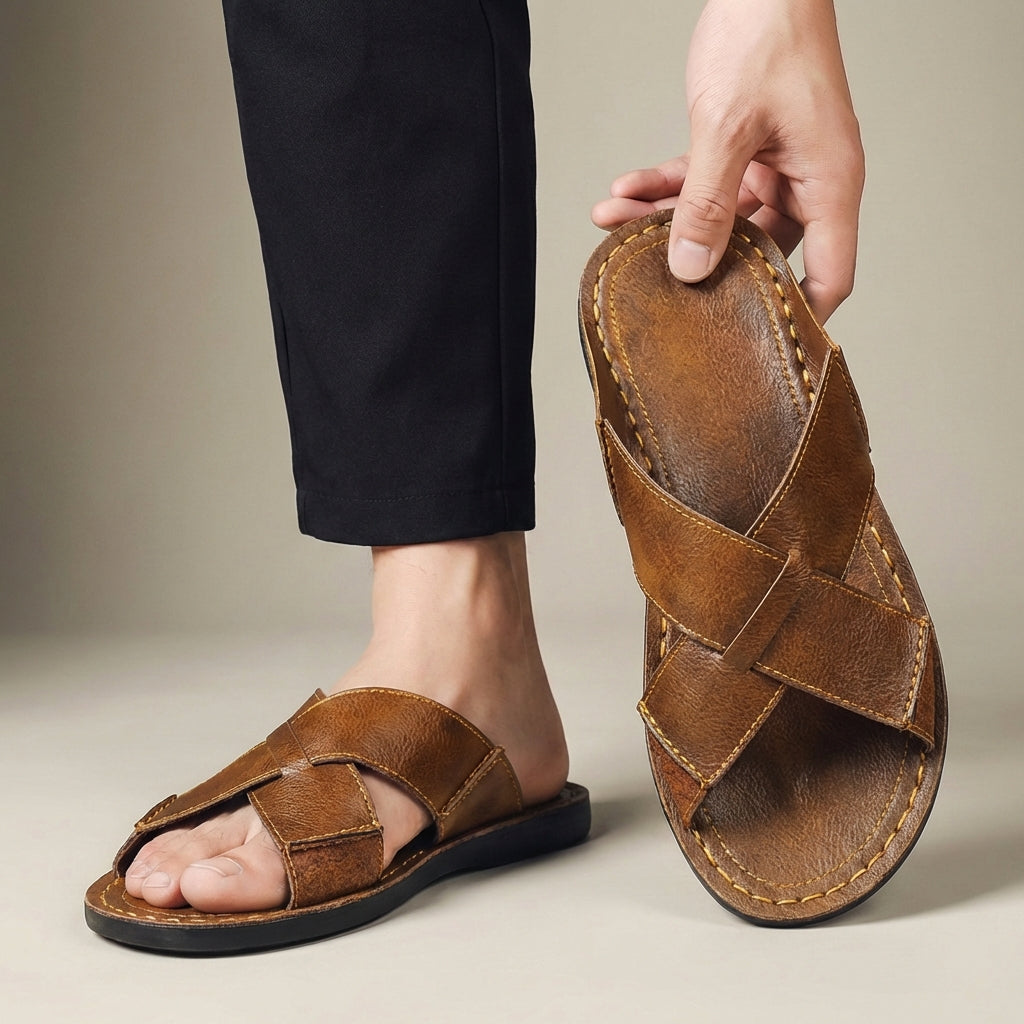 Sandales pour hommes avec des sangles croisées et semelle plate pour un usage quotidien [69 caractères]