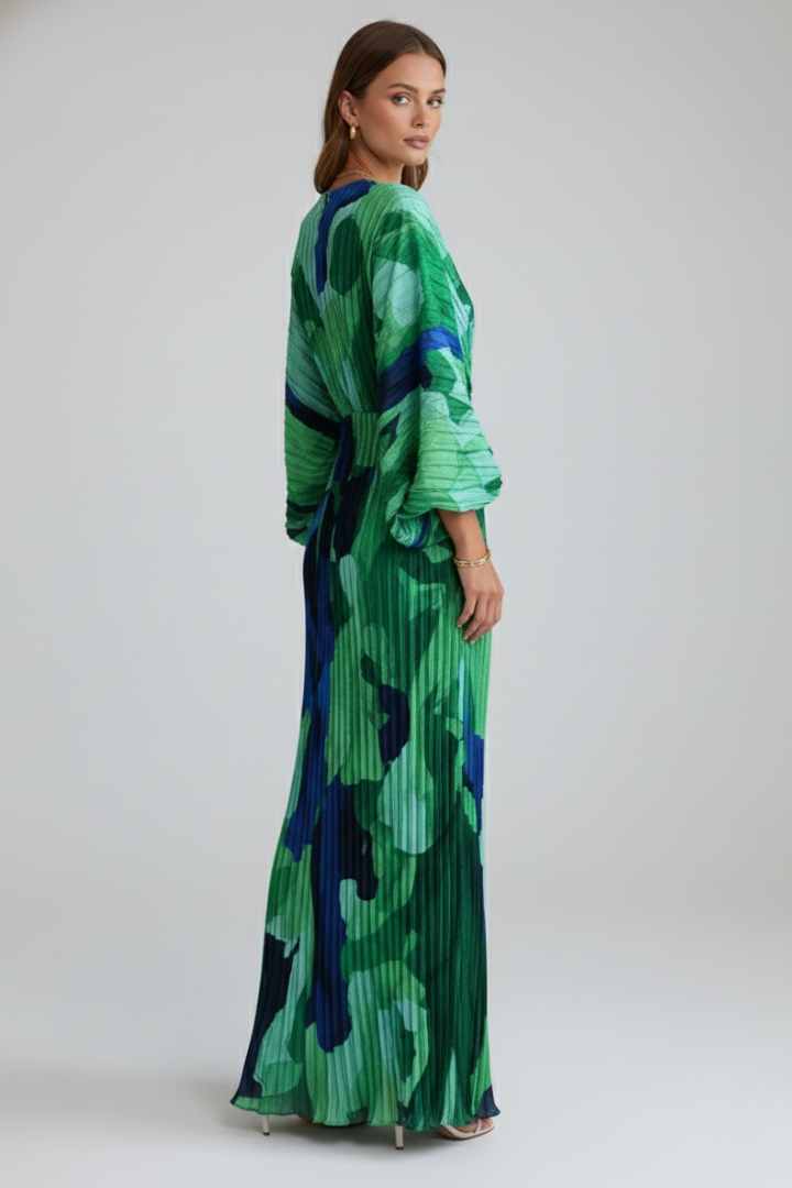 Robe Longue Femme avec Décolleté en V et Finition Plissée