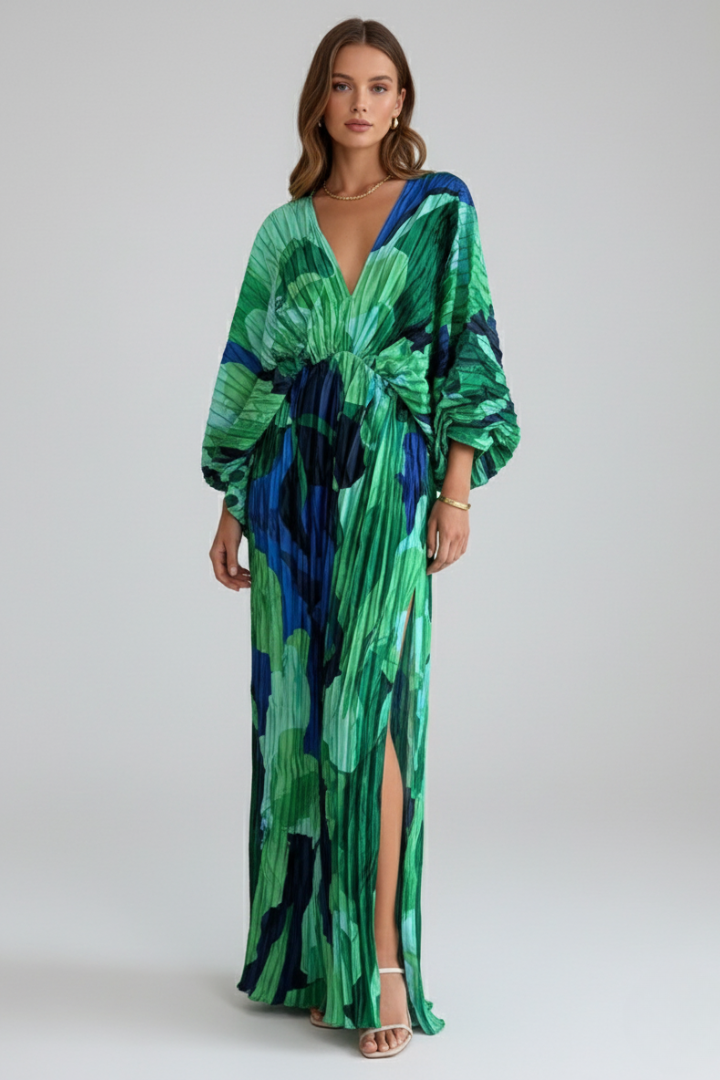 Robe Longue Femme avec Décolleté en V et Finition Plissée