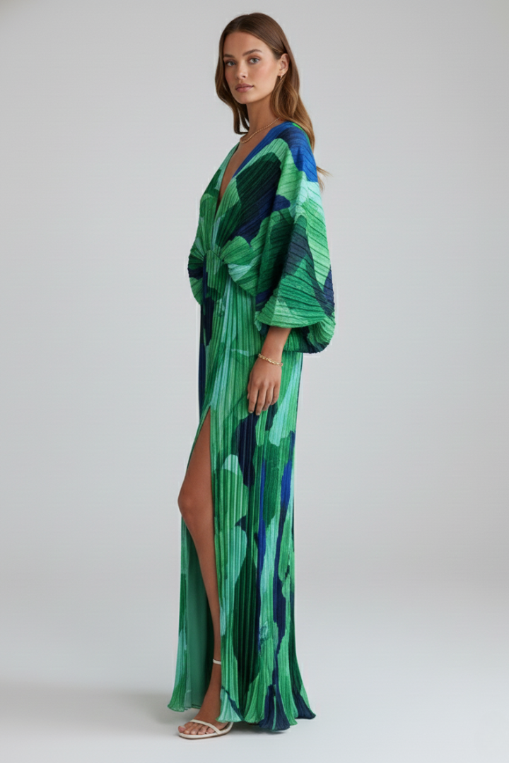 Robe Longue Femme avec Décolleté en V et Finition Plissée