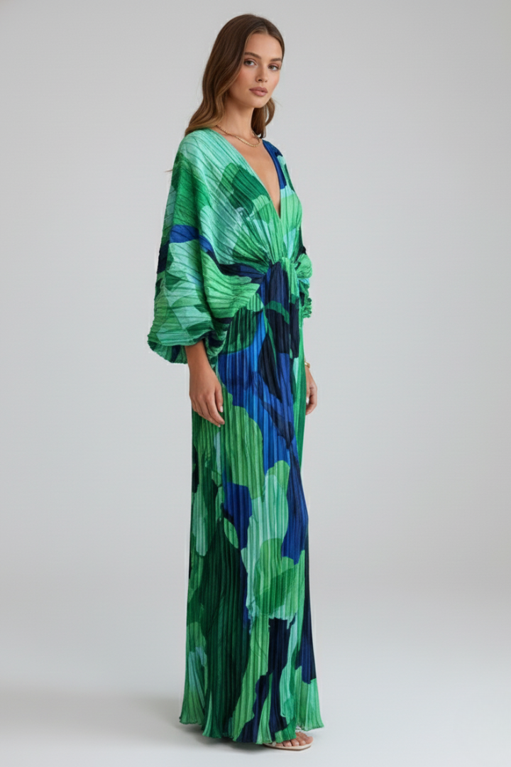 Robe Longue Femme avec Décolleté en V et Finition Plissée