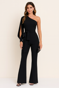 Mono Long Femme avec Épaule Dégagée, Manches Ouvertes et Ceinture Nœud