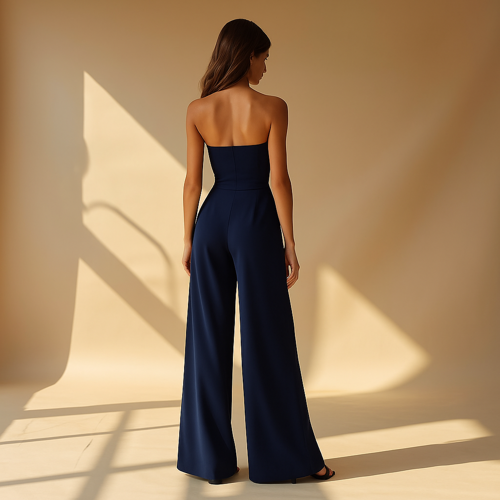Mono Long Sans Bretelles avec Design de Corset et Pantalons Évasés pour Femme