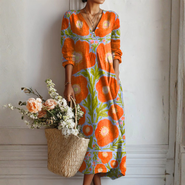Robe Midi en Lin pour Femme avec Imprimé Floral Style Rétro