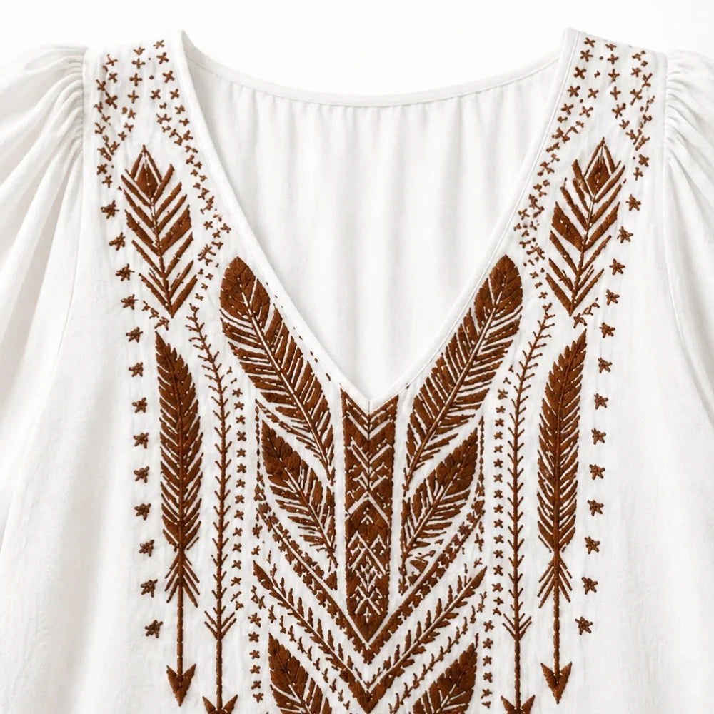 Soluna – Blouse Boho Brodée, Col V, Manches Bouffantes