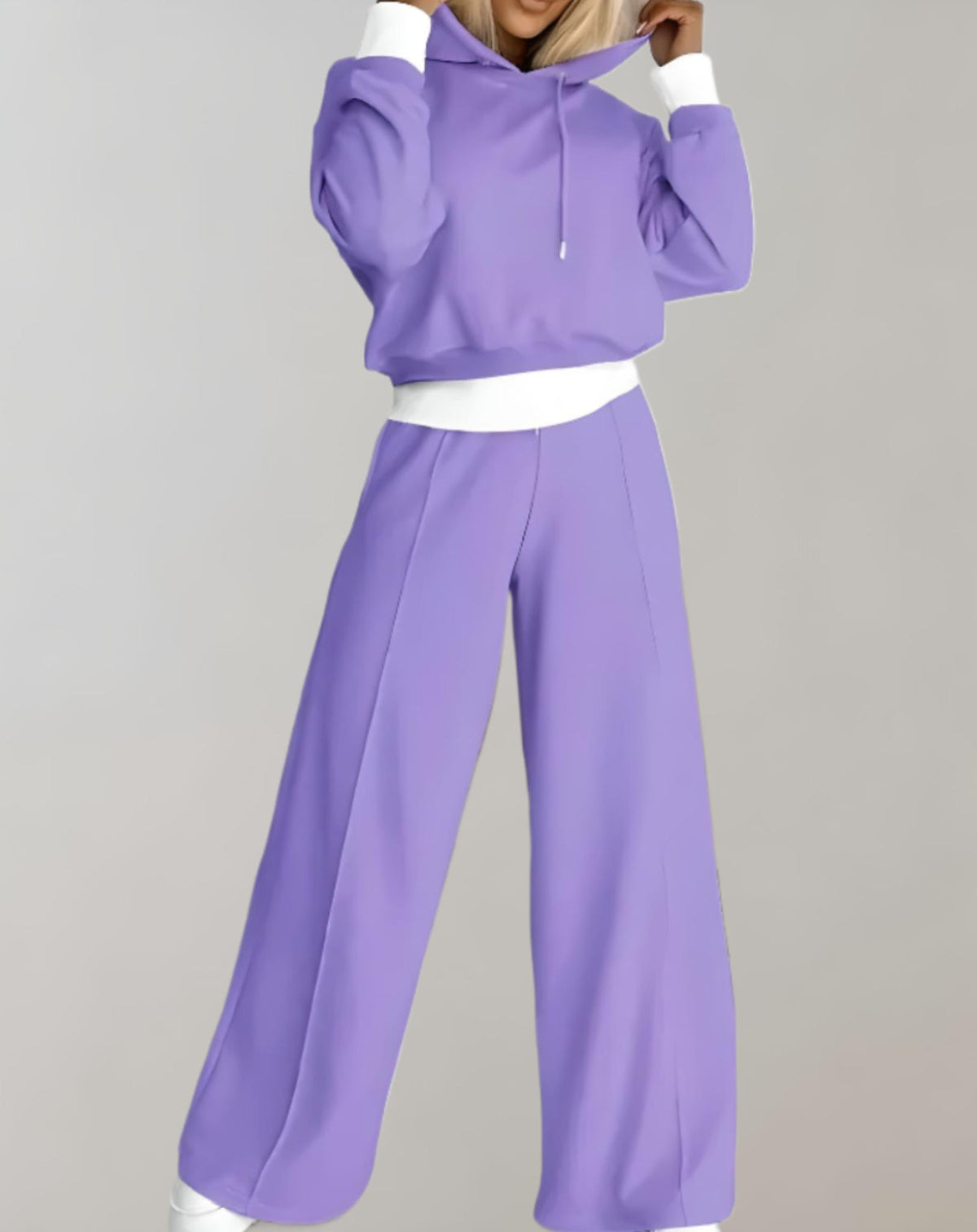 Ensemble femme deux pièces – Sweat-shirt court à capuche et pantalon à jambes larges