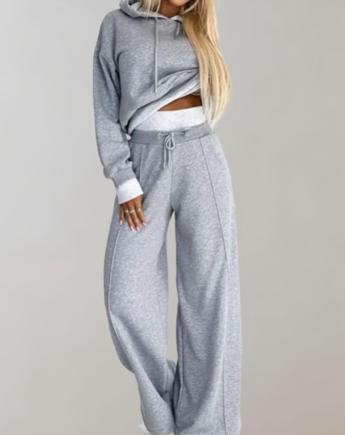 Ensemble femme deux pièces – Sweat-shirt court à capuche et pantalon à jambes larges