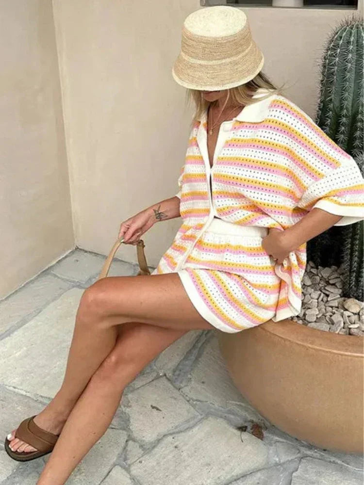Ensemble tricot à 2 pièces avec rayures contrastées pour femmes