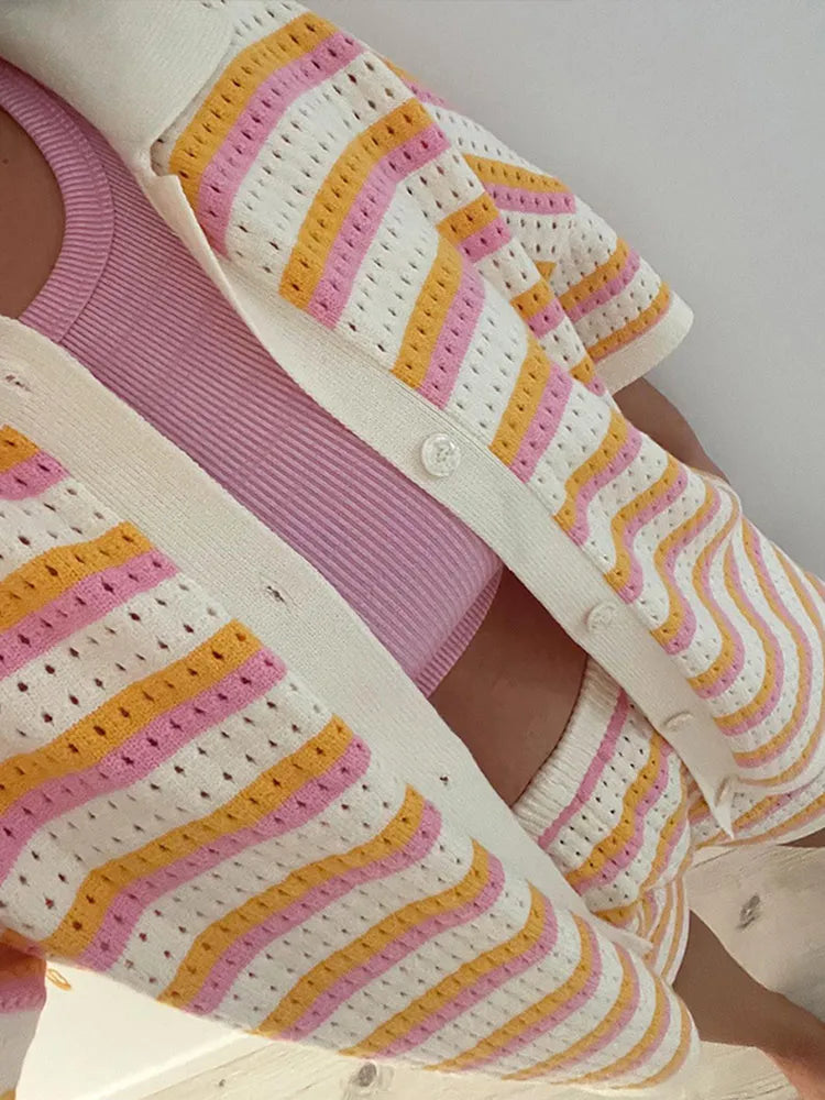 Ensemble tricot à 2 pièces avec rayures contrastées pour femmes