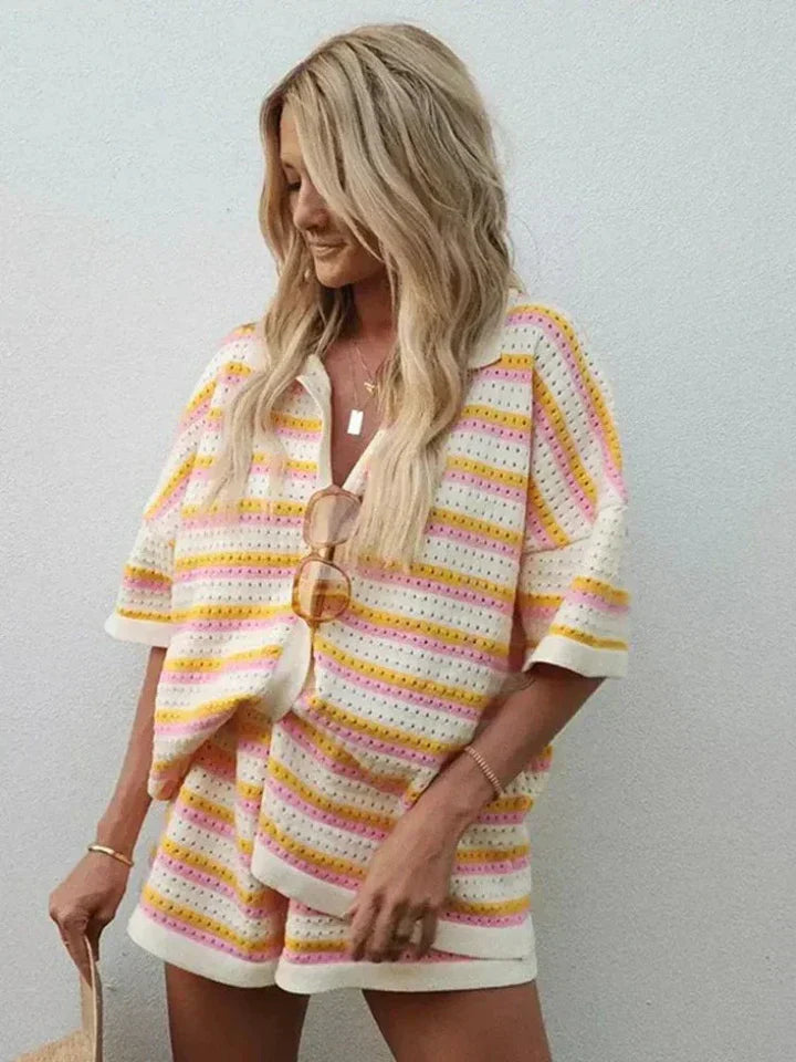 Ensemble tricot à 2 pièces avec rayures contrastées pour femmes