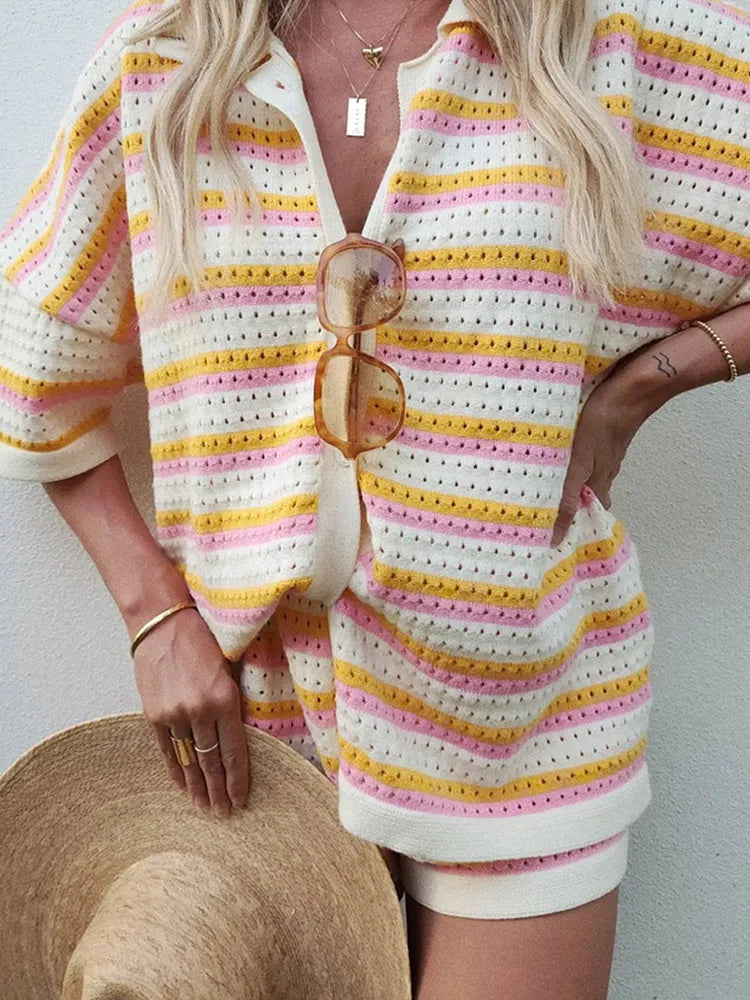 Ensemble tricot à 2 pièces avec rayures contrastées pour femmes
