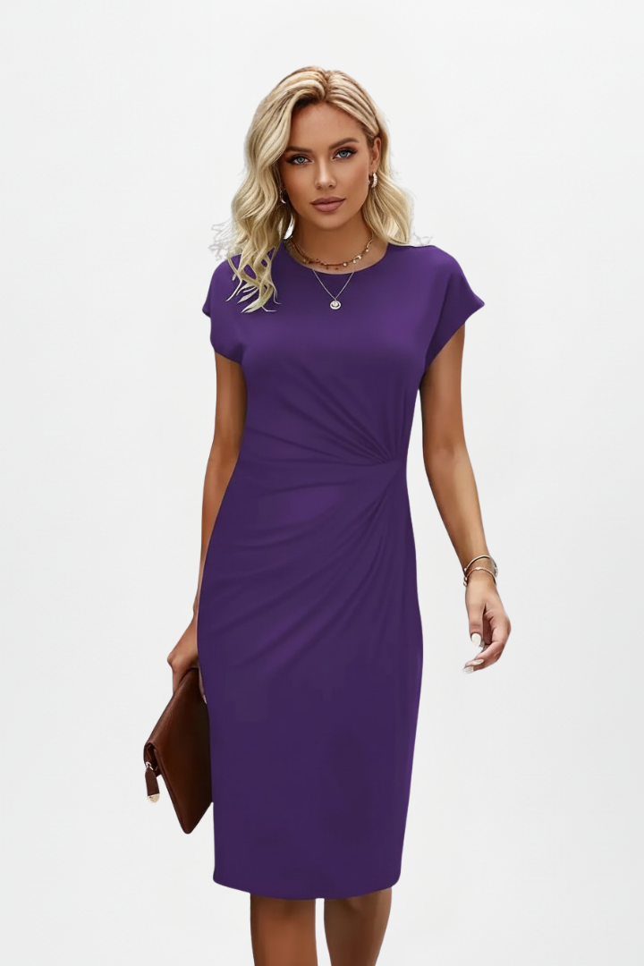 Robe Femme Mi-Longue avec Col Rond et Taille Froncée