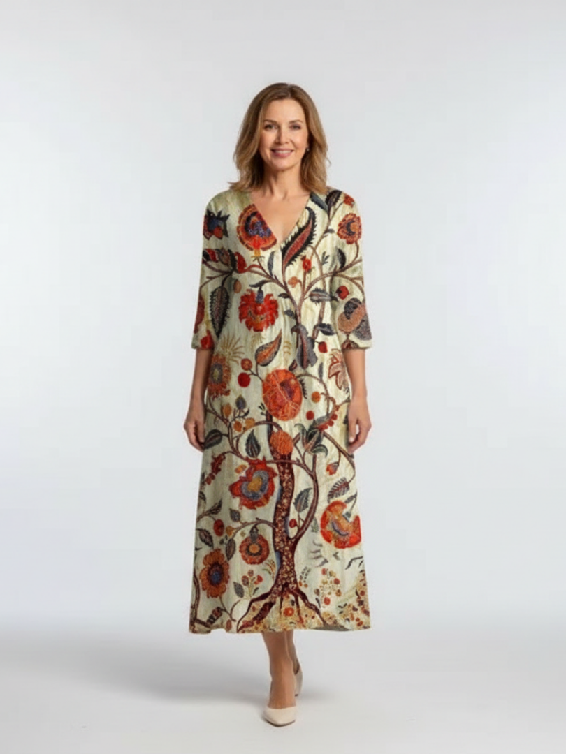 Corisande | Robe midi à manches longues et décolleté en V fleuri