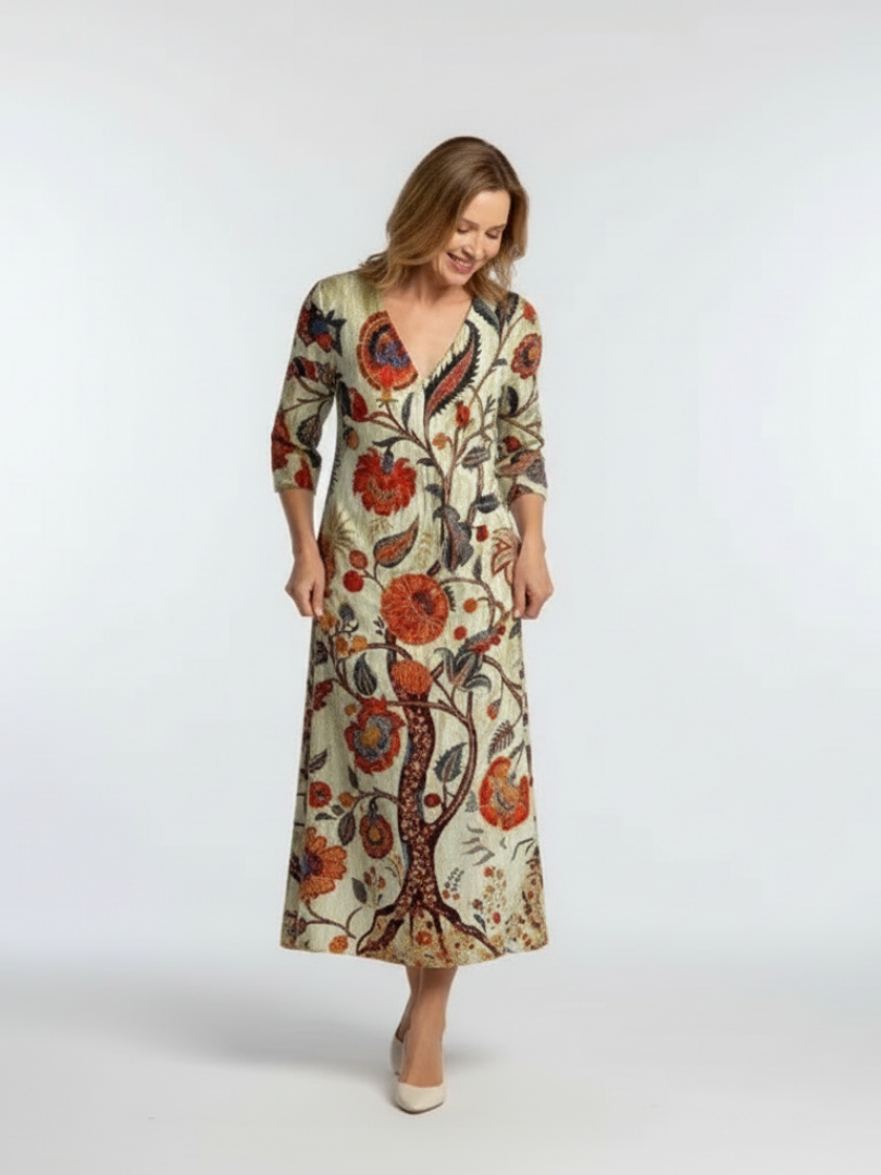Corisande | Robe midi à manches longues et décolleté en V fleuri