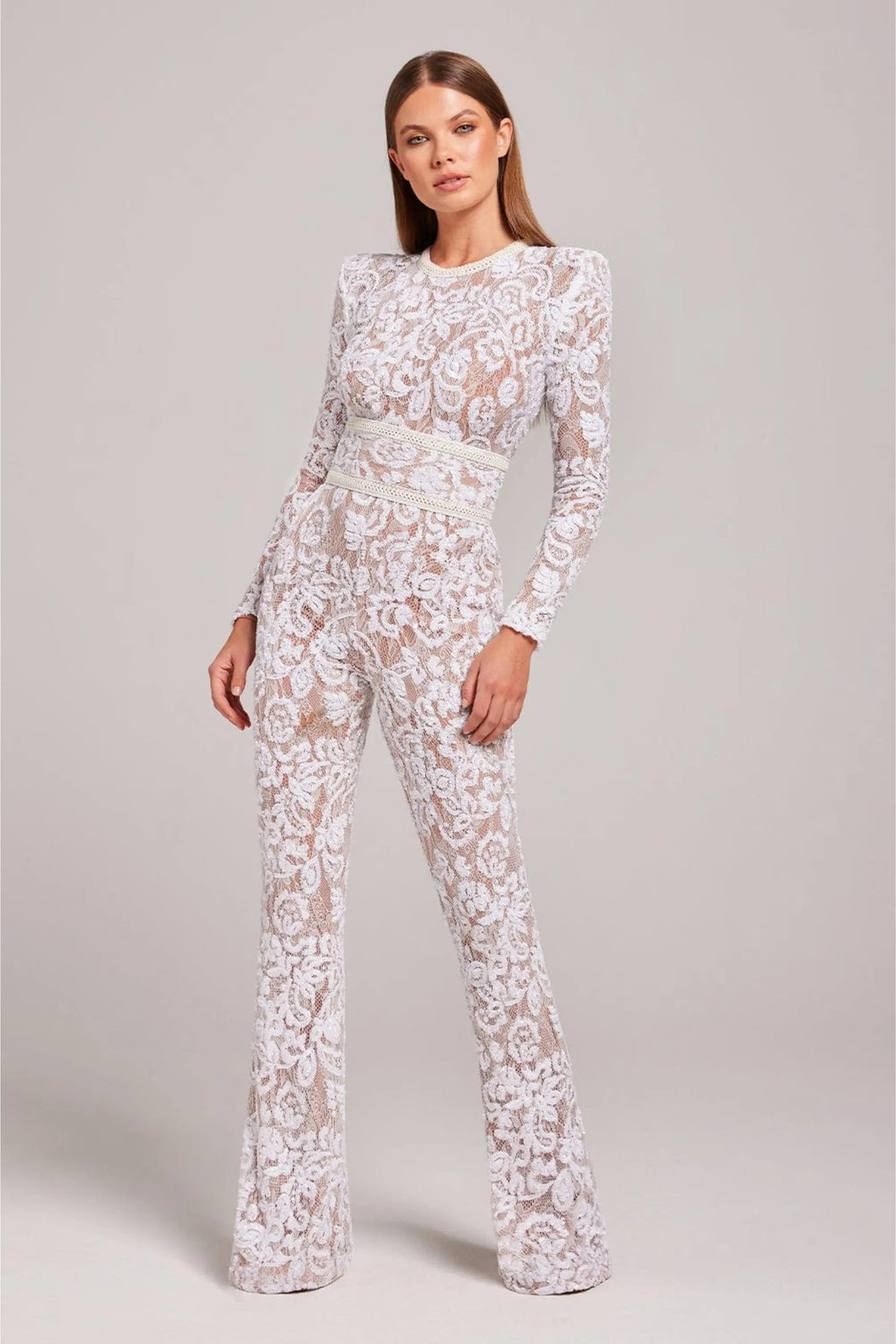 Mono en Dentelle Florale pour Femme avec Manches Longues et Col Rond Ajusté