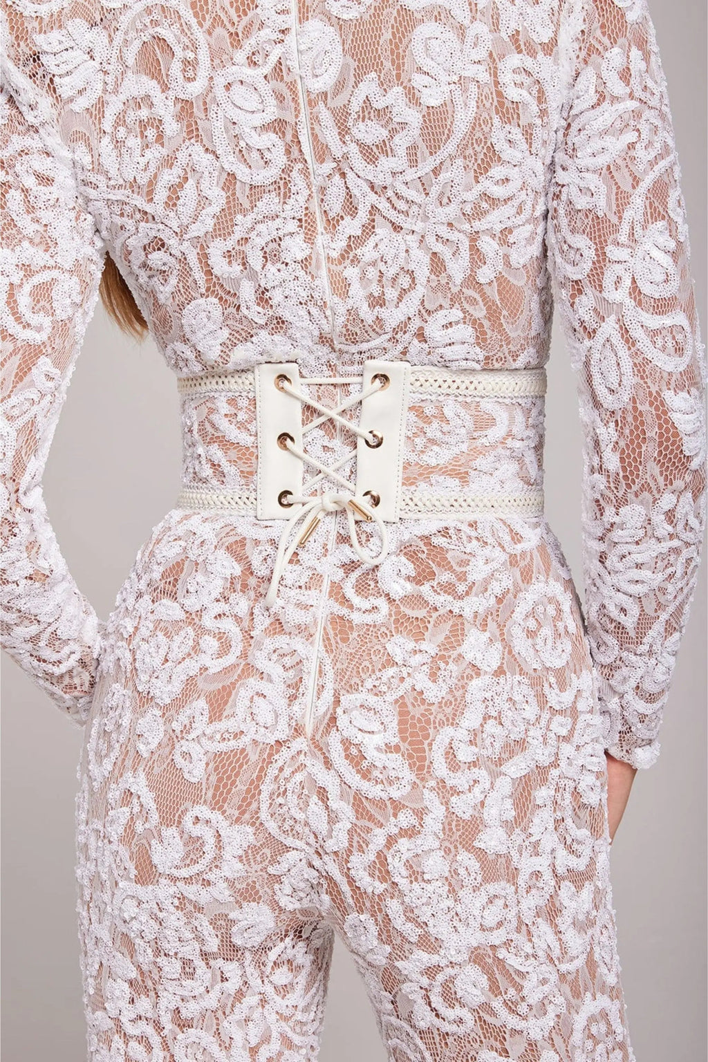 Mono en Dentelle Florale pour Femme avec Manches Longues et Col Rond Ajusté