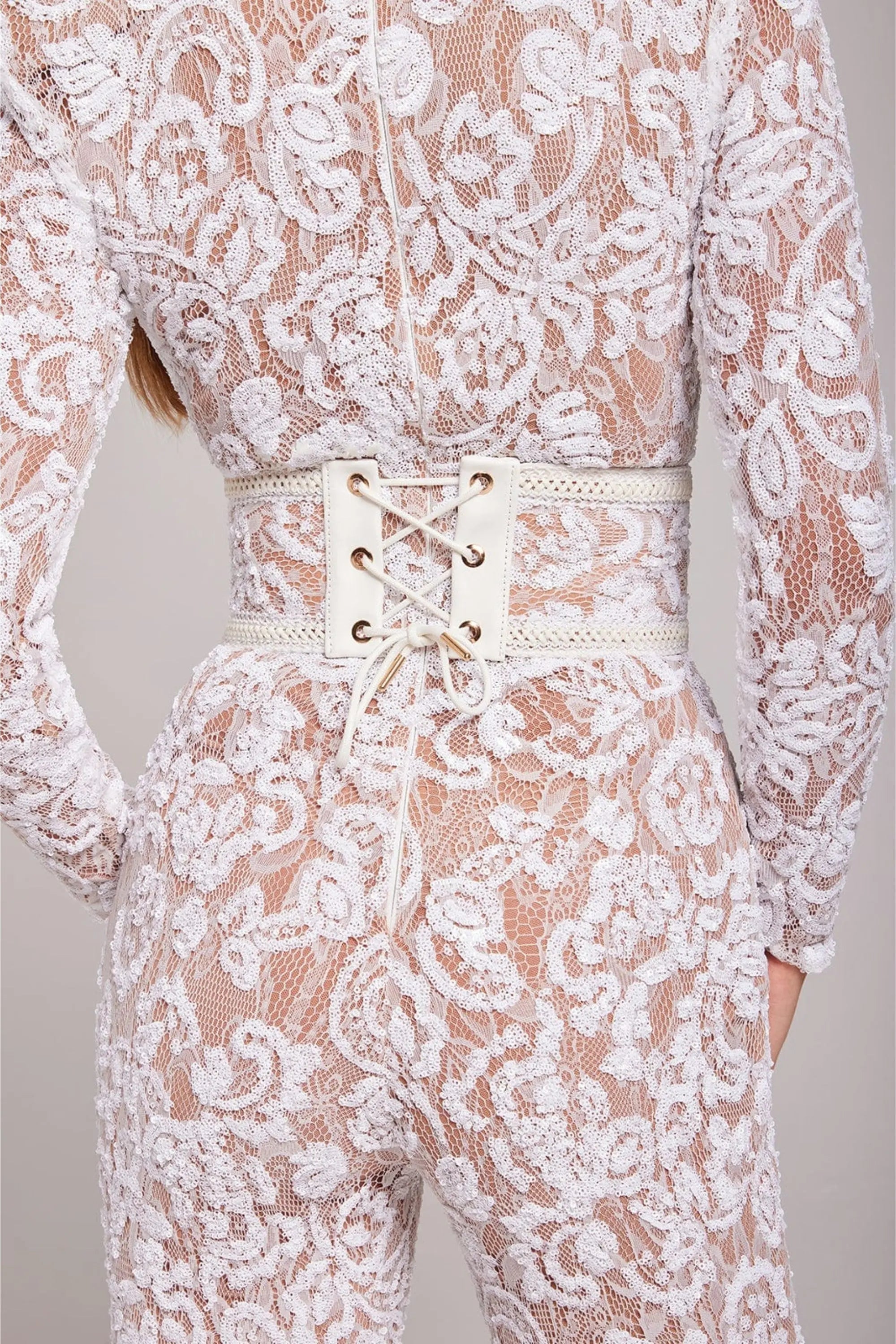 Mono en Dentelle Florale pour Femme avec Manches Longues et Col Rond Ajusté