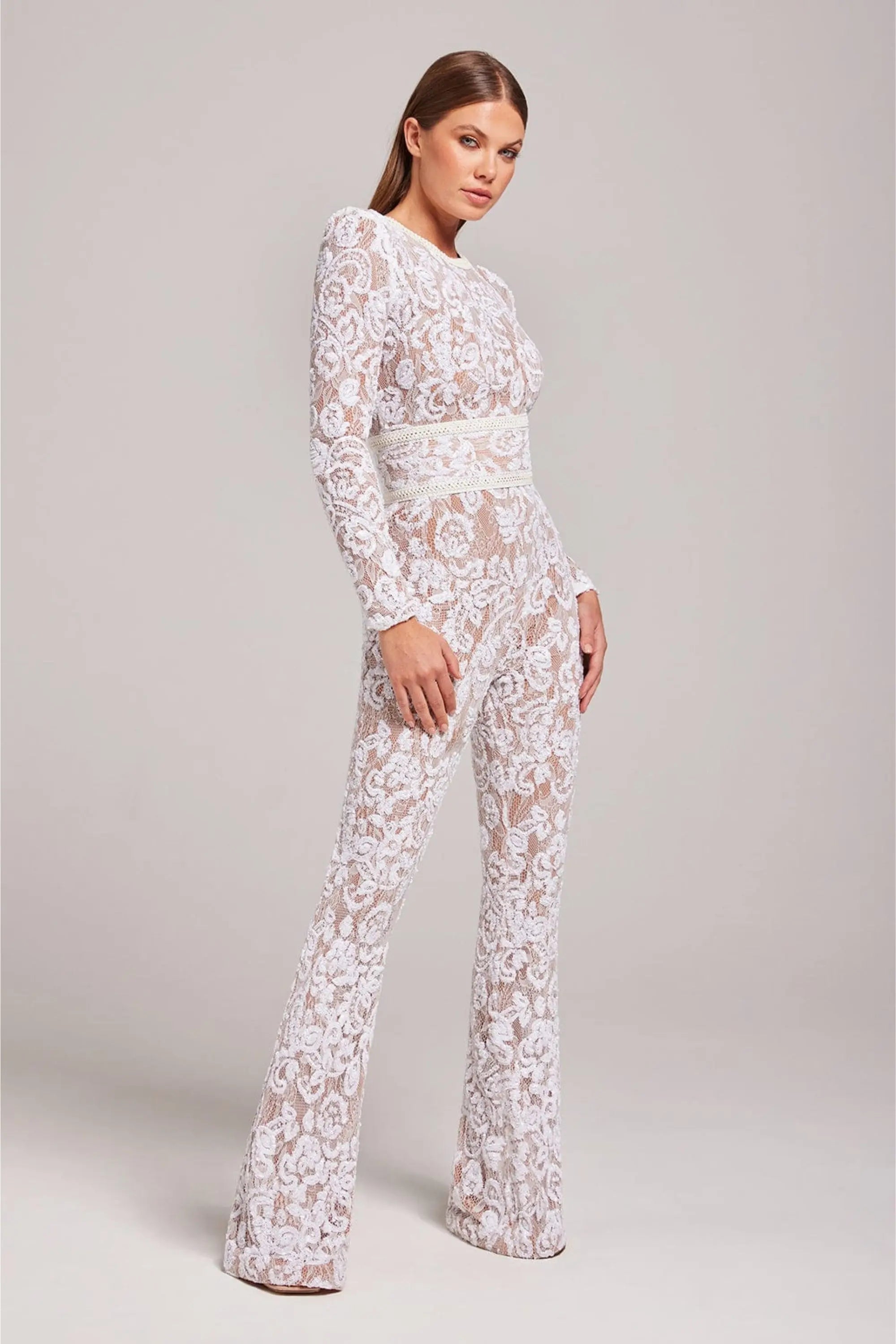 Mono en Dentelle Florale pour Femme avec Manches Longues et Col Rond Ajusté