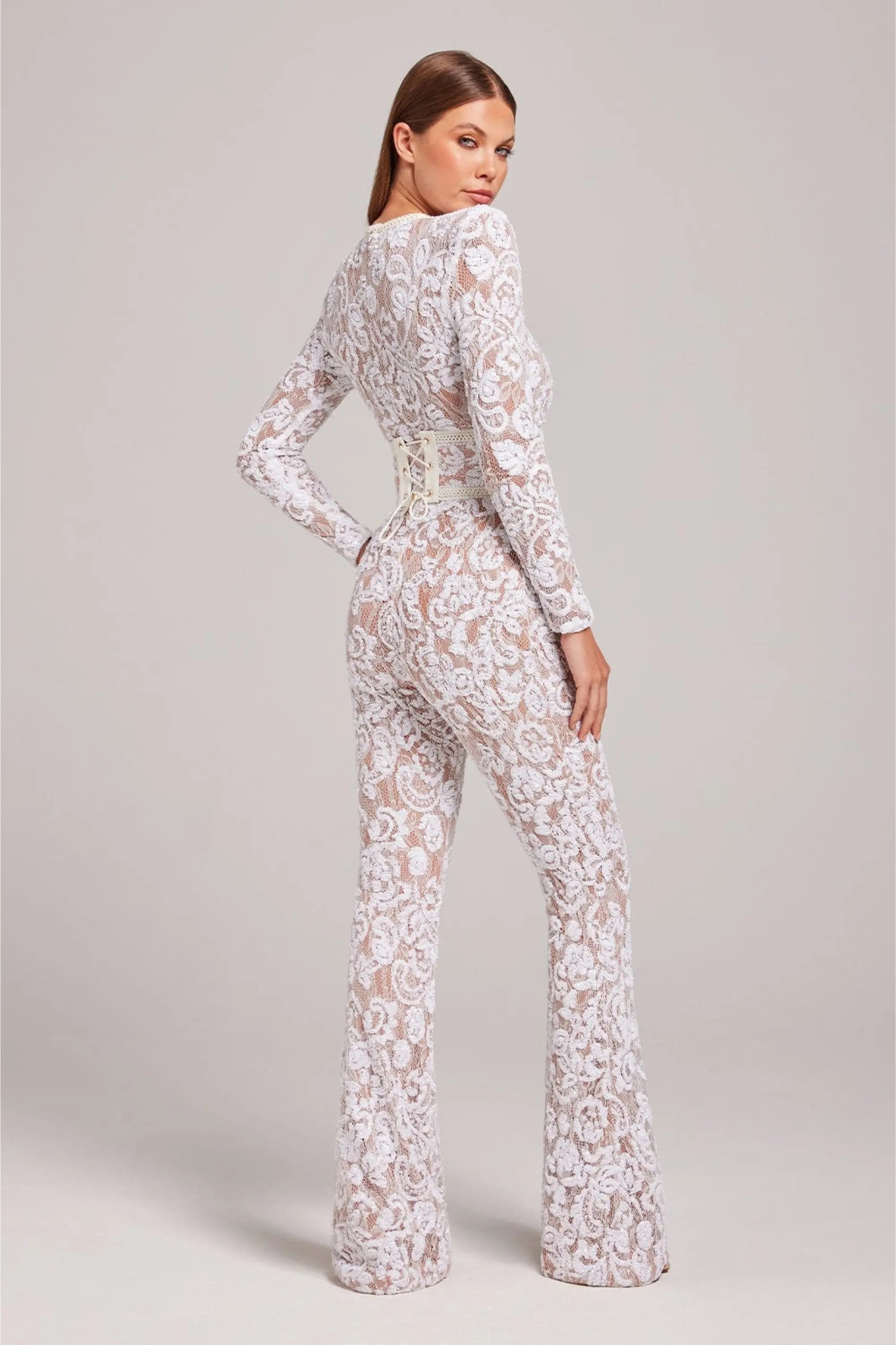 Mono en Dentelle Florale pour Femme avec Manches Longues et Col Rond Ajusté
