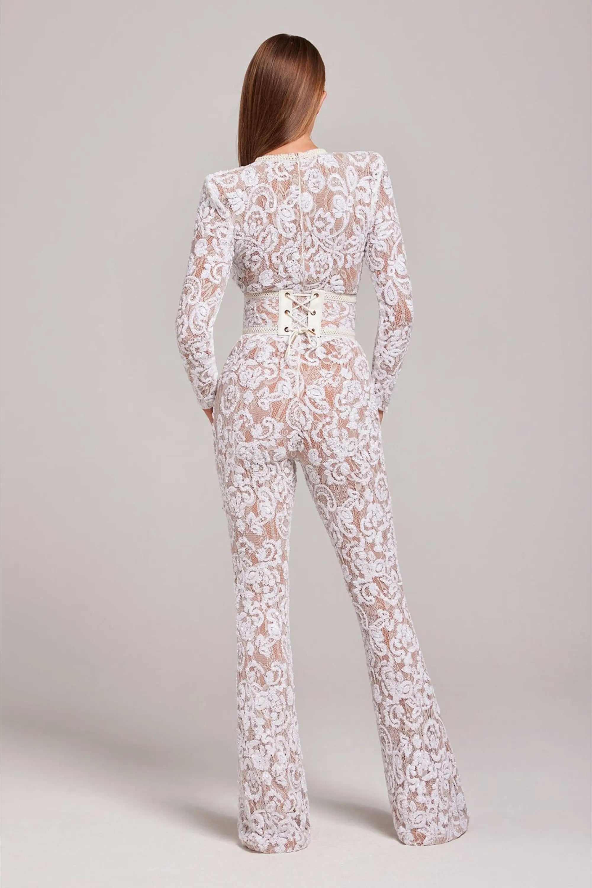 Mono en Dentelle Florale pour Femme avec Manches Longues et Col Rond Ajusté