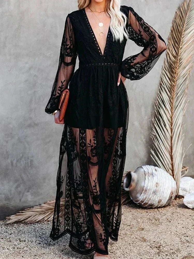 Robe Maxi Boho en Dentelle à Manches Longues pour Femmes - Emilia