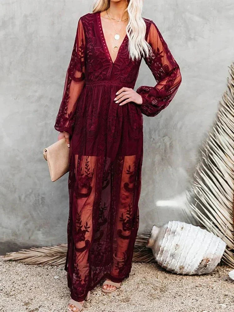 Robe Maxi Boho en Dentelle à Manches Longues pour Femmes - Emilia