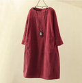 Robe d'Été Midi Confortable pour Femmes avec Manches Courtes Design en Velours Côtelé - Rubis