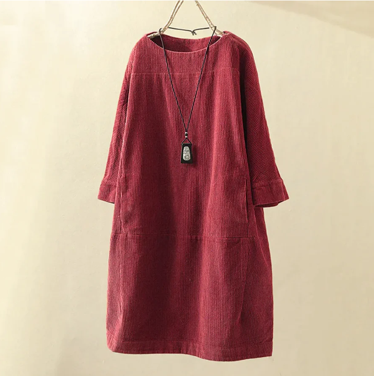 Robe d'Été Midi Confortable pour Femmes avec Manches Courtes Design en Velours Côtelé - Rubis