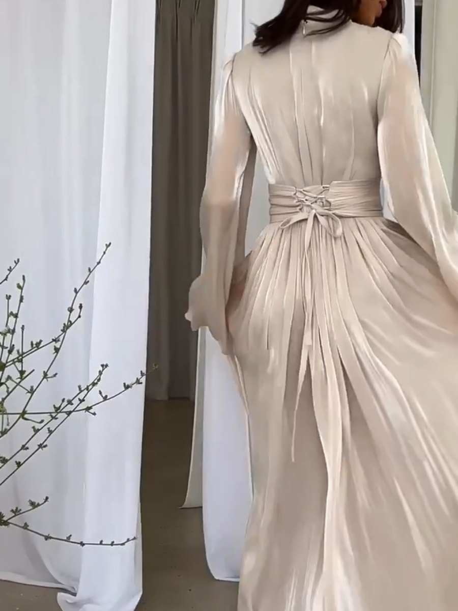 Robe Maxi Gala Femme Élégante avec Plis et Ceinture Nœud - Sopia