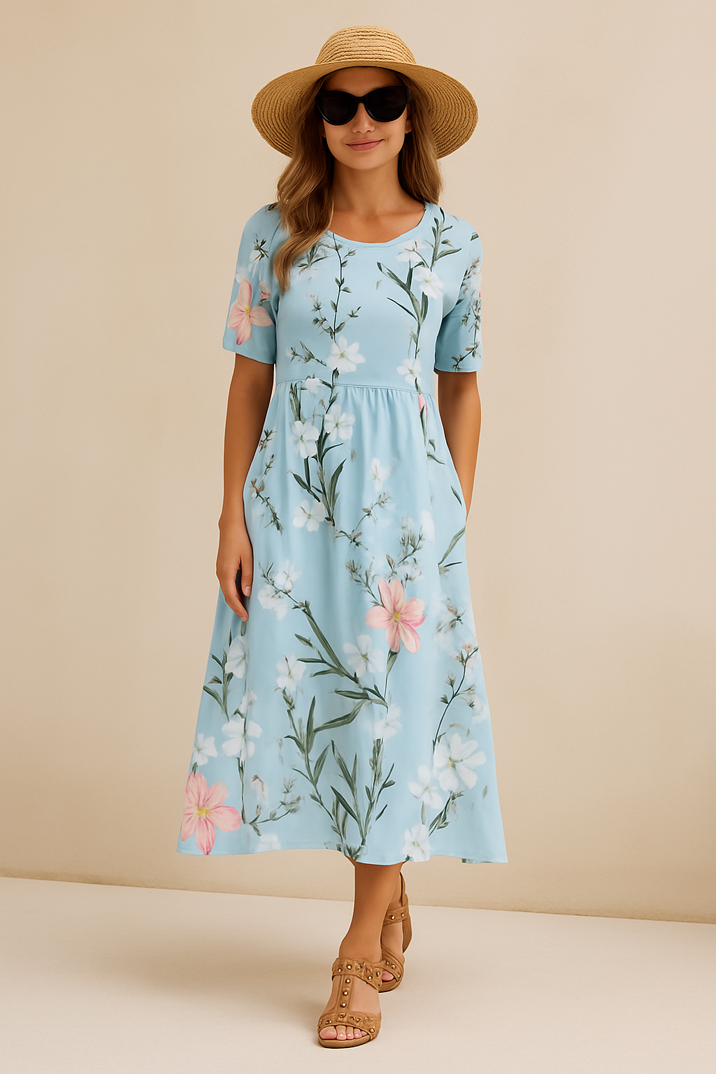 Robe d'été midi pour femmes avec fleurs - Liva