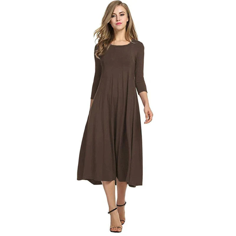 Robe Midi d'Été à Manches Trois Quarts au Design Élégant - Femme