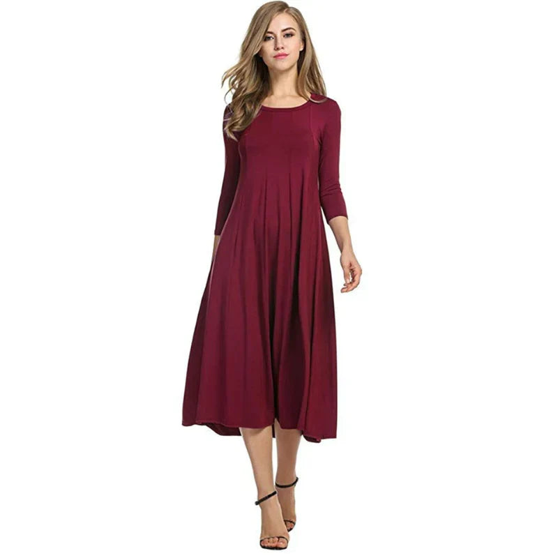 Robe Midi d'Été à Manches Trois Quarts au Design Élégant - Femme