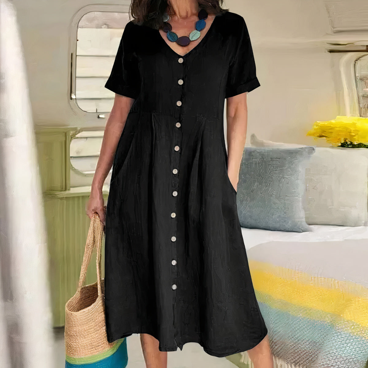 Robe Midi d'Été Casual à Col V pour Femmes - Avy