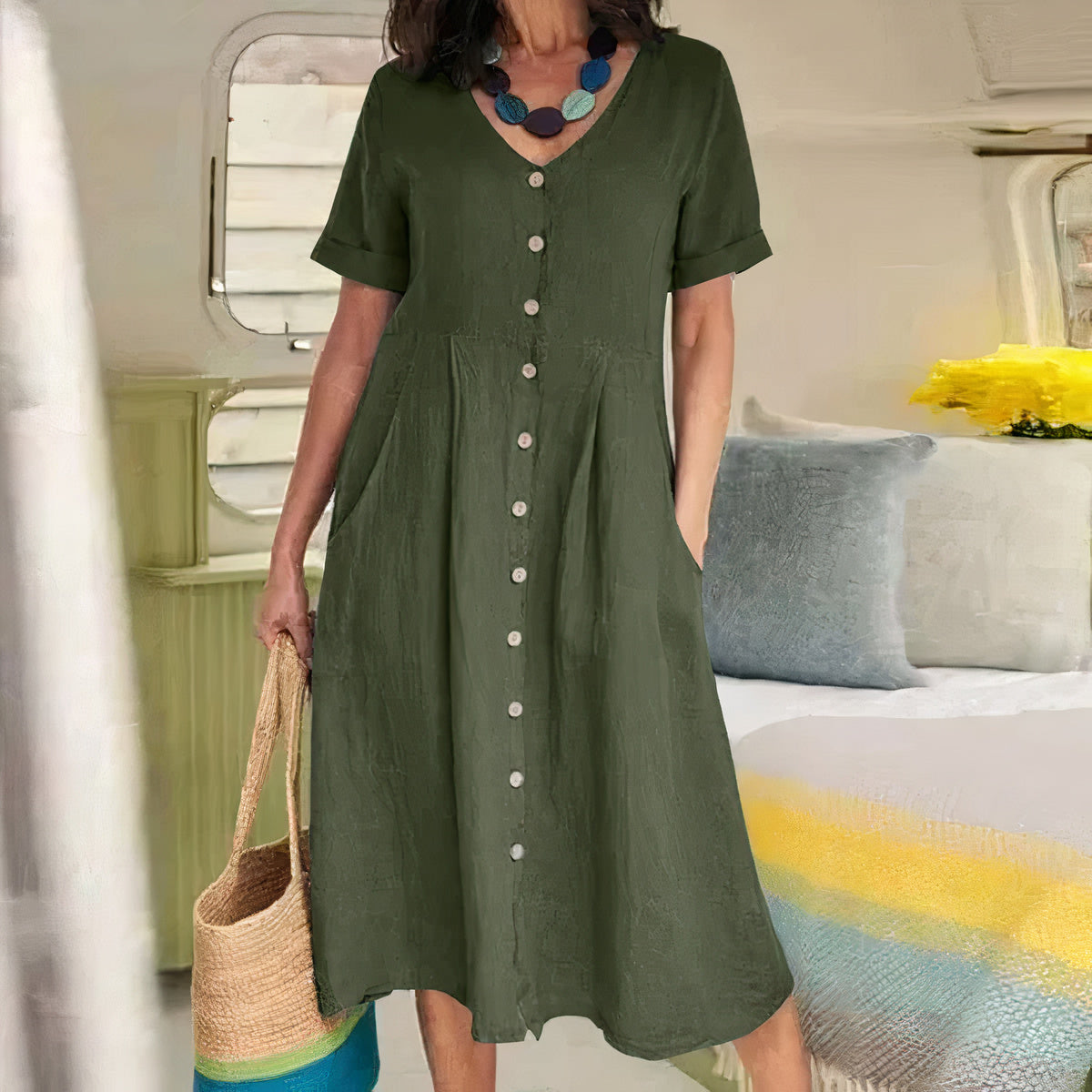 Robe Midi d'Été Casual à Col V pour Femmes - Avy