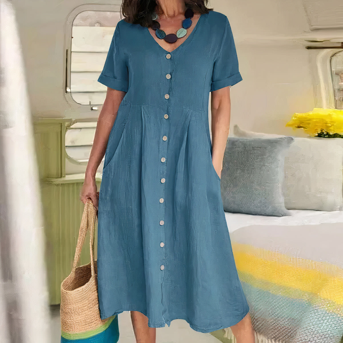 Robe Midi d'Été Casual à Col V pour Femmes - Avy