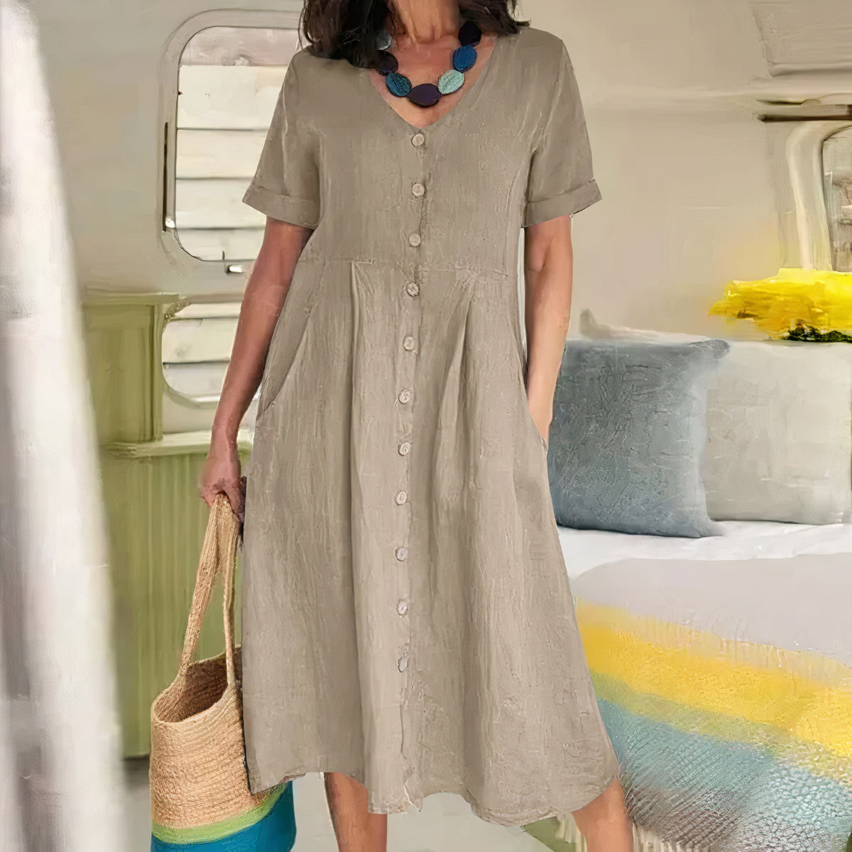 Robe Midi d'Été Casual à Col V pour Femmes - Avy