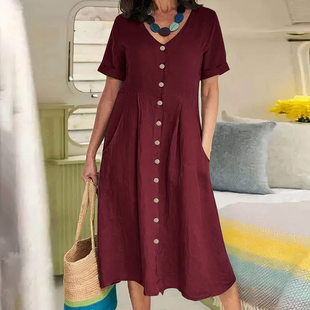 Robe Midi d'Été Casual à Col V pour Femmes - Avy