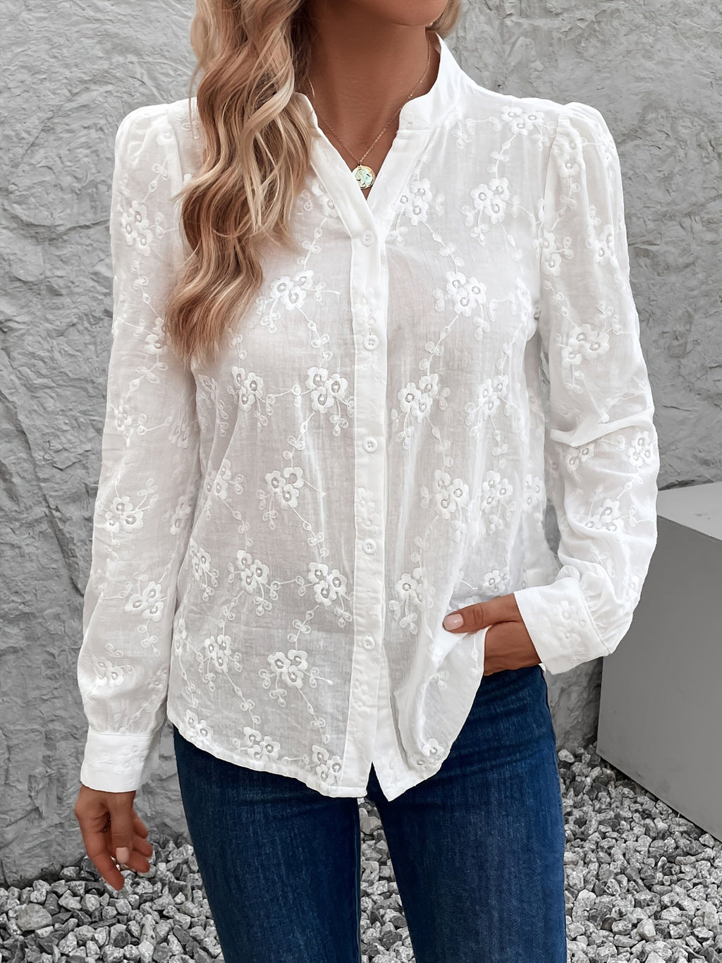 Blouse Femme avec Dentelle et Manches Longues Blanche