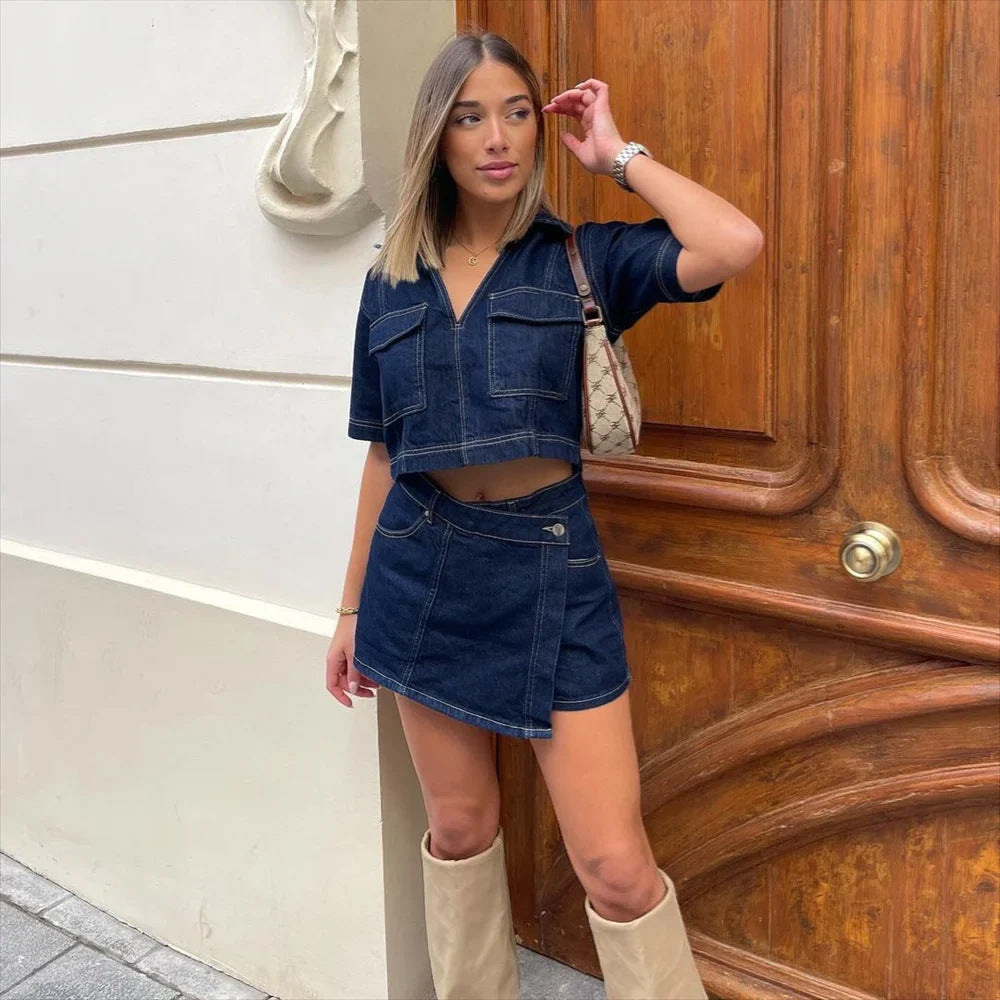 Ensemble Femme avec V-cou Veste en Jean et Jupe