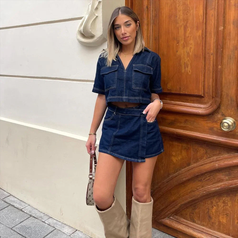 Ensemble Femme avec V-cou Veste en Jean et Jupe