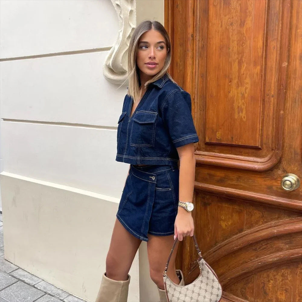 Ensemble Femme avec V-cou Veste en Jean et Jupe