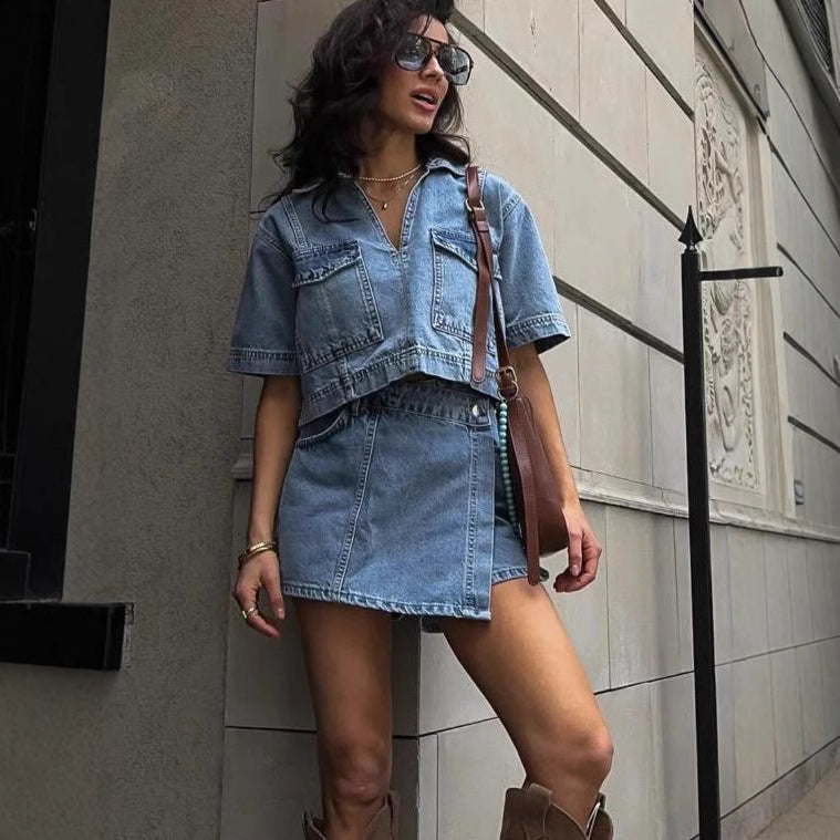 Ensemble Femme avec V-cou Veste en Jean et Jupe