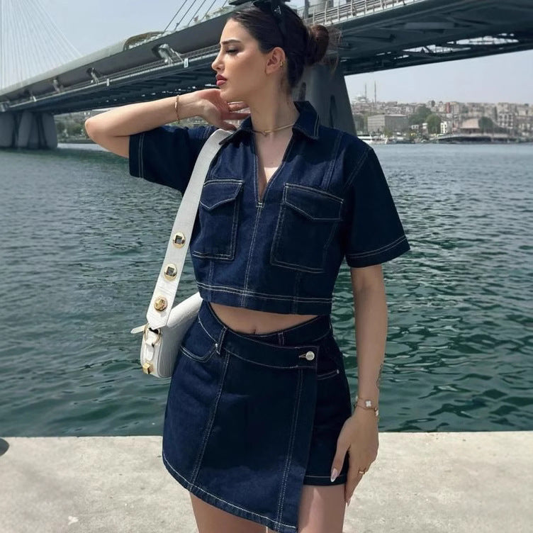 Ensemble Femme avec V-cou Veste en Jean et Jupe