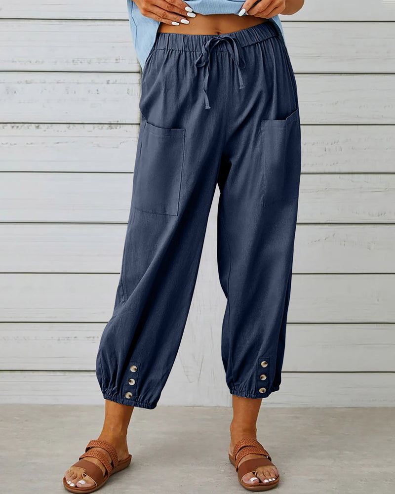 Pantalon Femme Taille Haute, Jambes Droites et Détails de Boutons