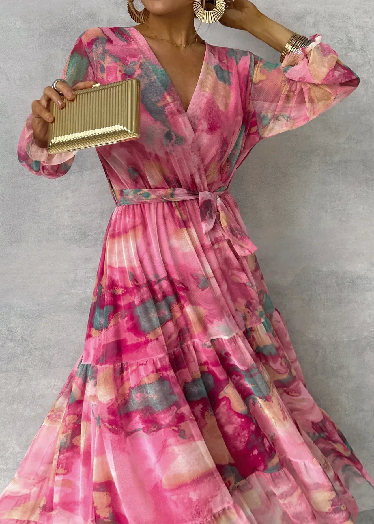 Robe Portefeuille Femme avec Imprimé Floral et Manches Longues